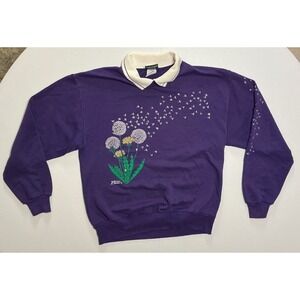 VTG USA Granny Purple Spring Dandelion Floral Wrap Collar Sweatshirt Crewneck M